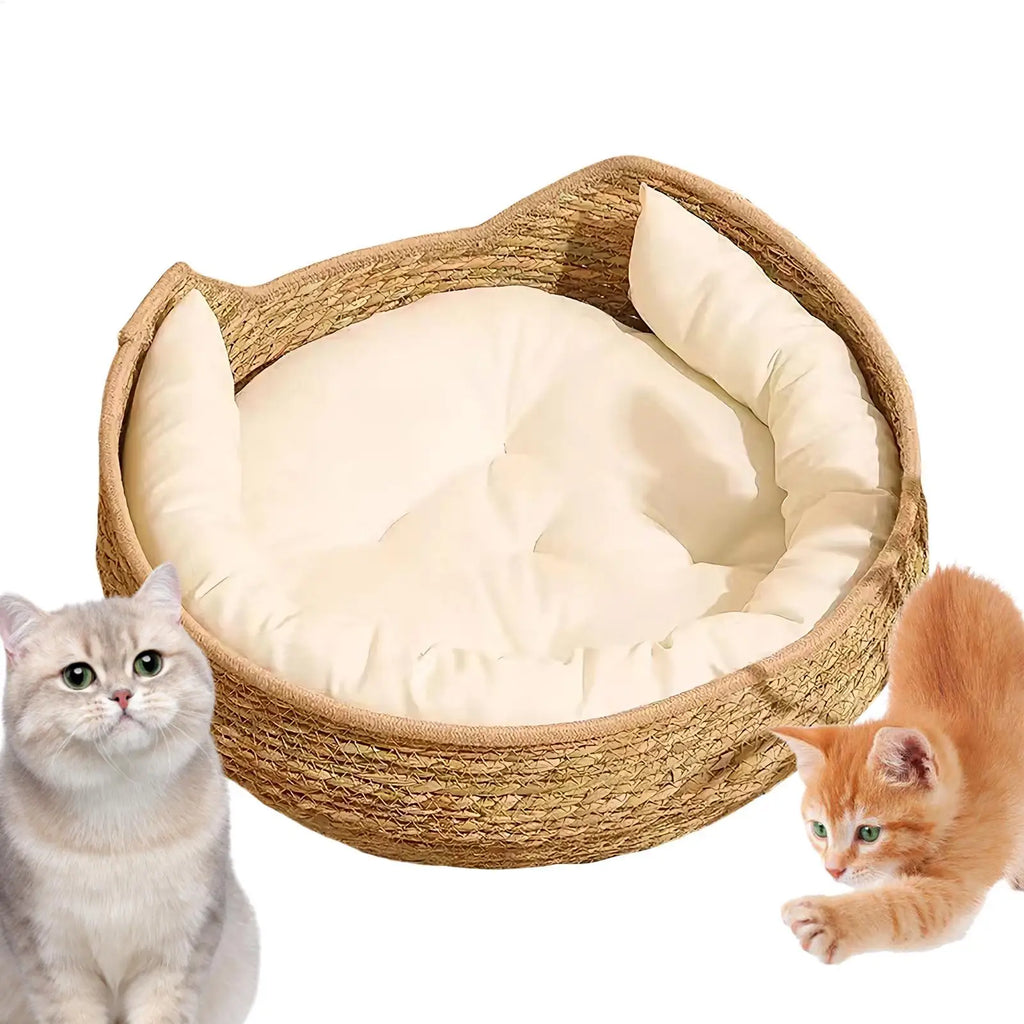 Woven Cat Basket Bed with Cushion & Pillow – Washable Cat Basket Bed PLUSH