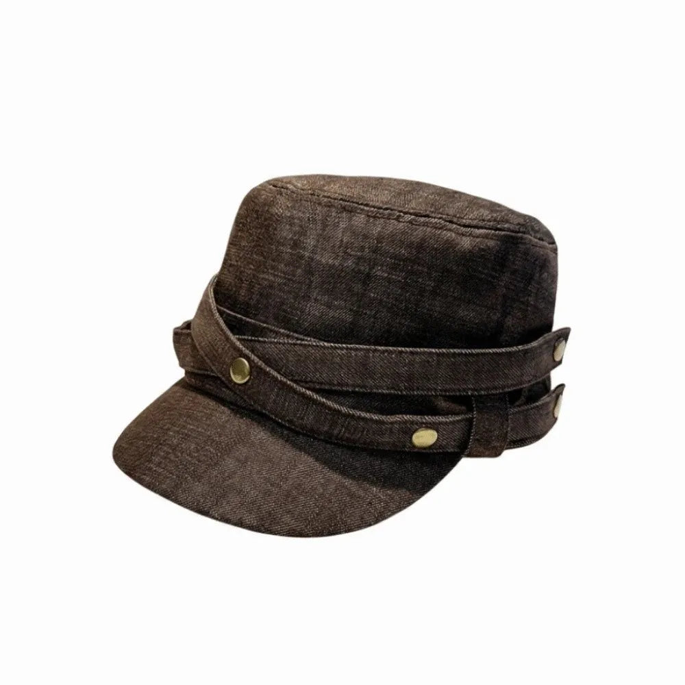 Washed Denim Flat Cap – Vintage Visor Hat Adjustable Strap Denim Flat Cap PLUSH Coffee