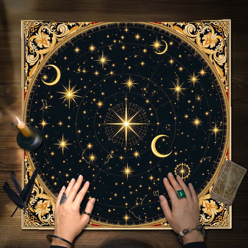 Celestial Tarot Altar Cloth – Moon & Mystical Symbol Design Altar Tablecloth PLUSH