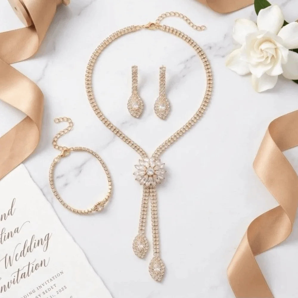 Vintage Crystal Flower Tassel Bridal Jewelry Set – Necklace, Earrings & Bracelet Bridal Jewelry Set PLUSH