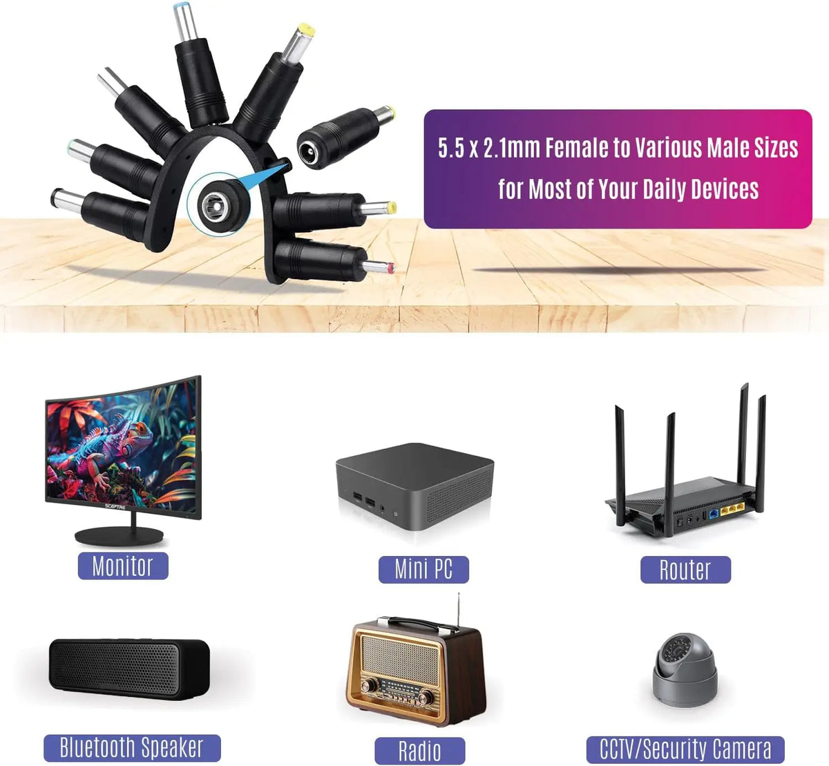 DC Power Adapter 8-Connector Set – Monitor, Router & LED Strip DC Power Adapter PLUSH