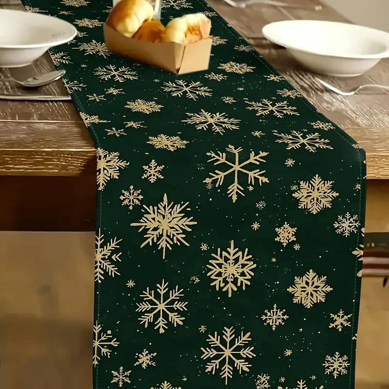 Dark Green Gold Snowflake Christmas Table Runner – 3 Sizes Christmas Table Runner PLUSH