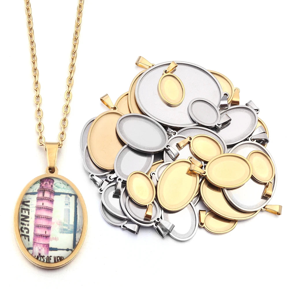 Stainless Steel Oval Bezel Pendant Trays | Cabochon Setting 2-5pcs Pendant Bezel Tray PLUSH