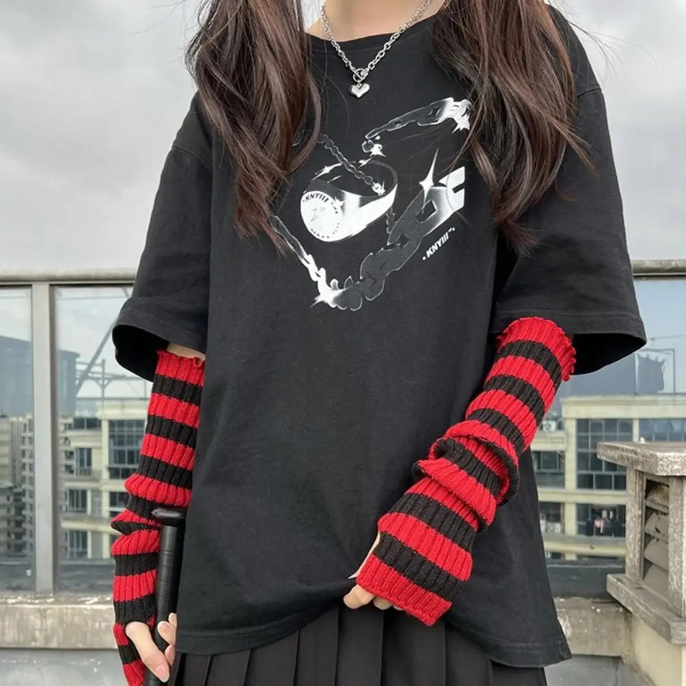 Y2K Striped Fingerless Arm Warmers – Long Knit Arm Sleeves Fingerless Arm Warmers PLUSH
