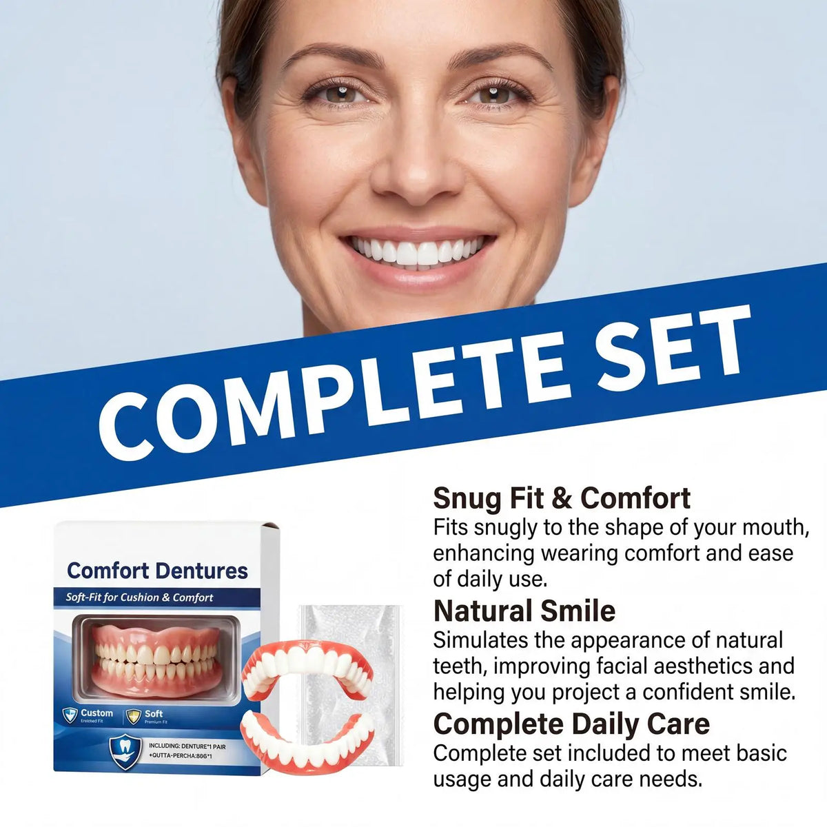 Full Silicone Denture Set – Lifelike Fake Teeth Upper & Lower Cosmetic Denture Set PLUSH