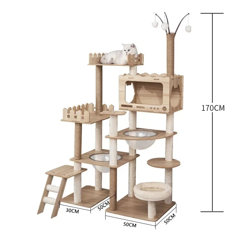 Large Wooden Cat Tree Space Pod Multi-Level Tower & Scratching Cat Tree Tower PLUSH b58