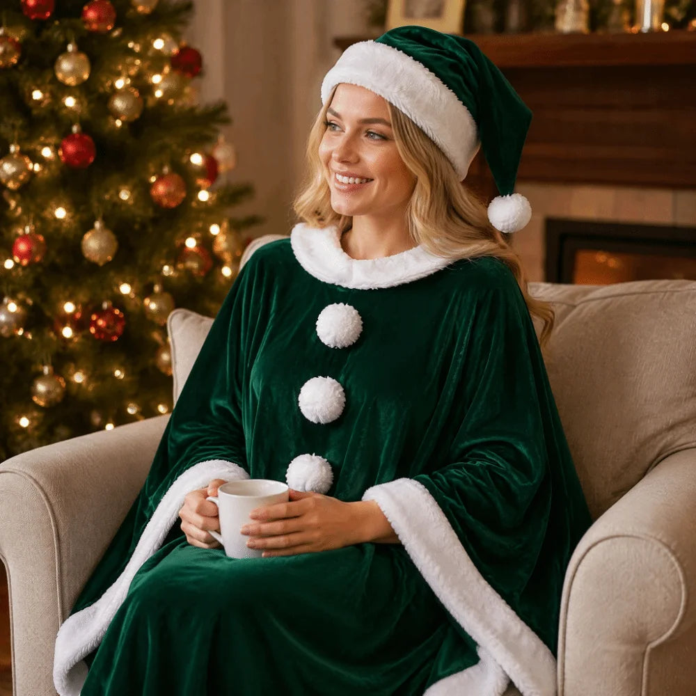 Plush Santa Claus Cloak & Hat Set – Warm Xmas Costume Christmas Costume Set PLUSH