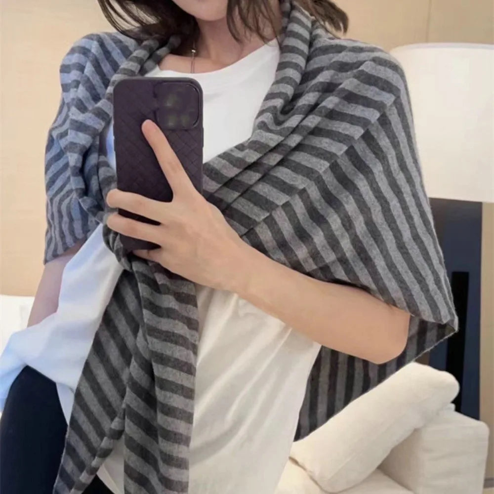 Women's Knitted Triangle Shawl Scarf – Windproof Warm Wrap Knitted Shawl Scarf PLUSH Grey Stripes