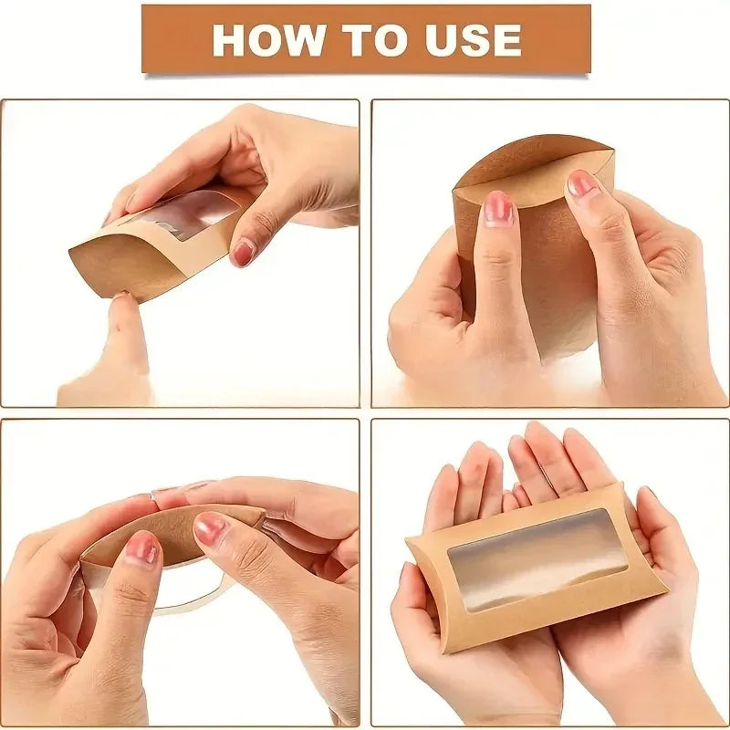 50pcs Paper Pillow Gift Boxes with Clear PVC Window | Candy & Jewelry Gift Packaging Boxes PLUSH