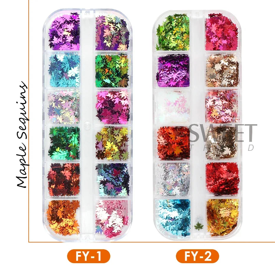 12-Grid Maple Leaf Nail Art Sequins – Fall Glitter Flakes Set Nail Art Sequins PLUSH