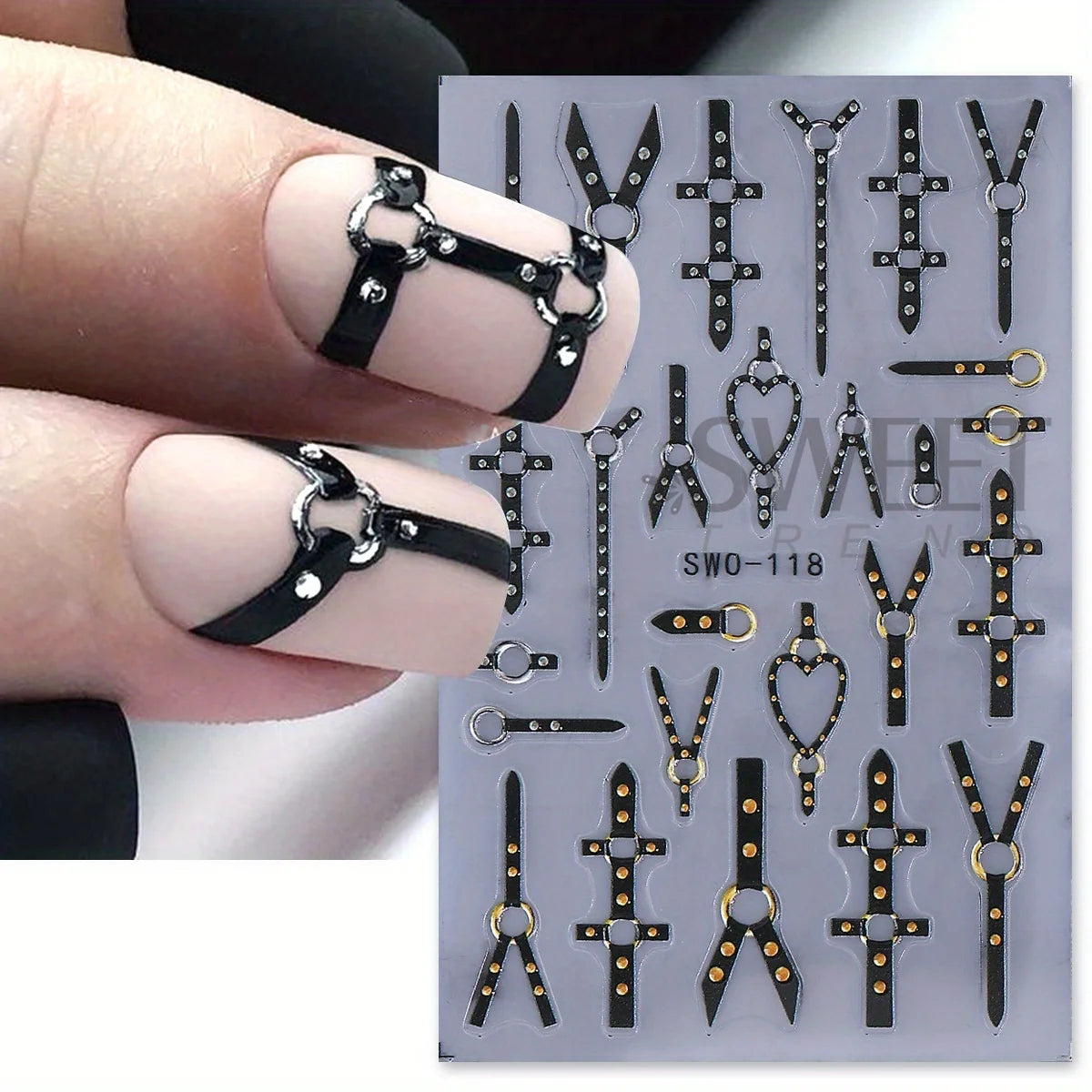 3D Matte Black Punk Belt Nail Stickers Gold Silver Decals 2pcs Nail Art Stickers PLUSH