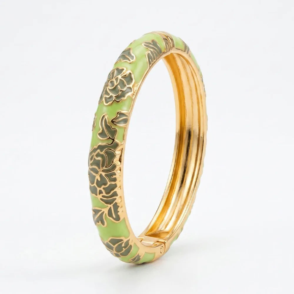 Flower Enamel Wide Bangle Bracelet – Colorful Women's Cuff Enamel Bangle Bracelet PLUSH Green