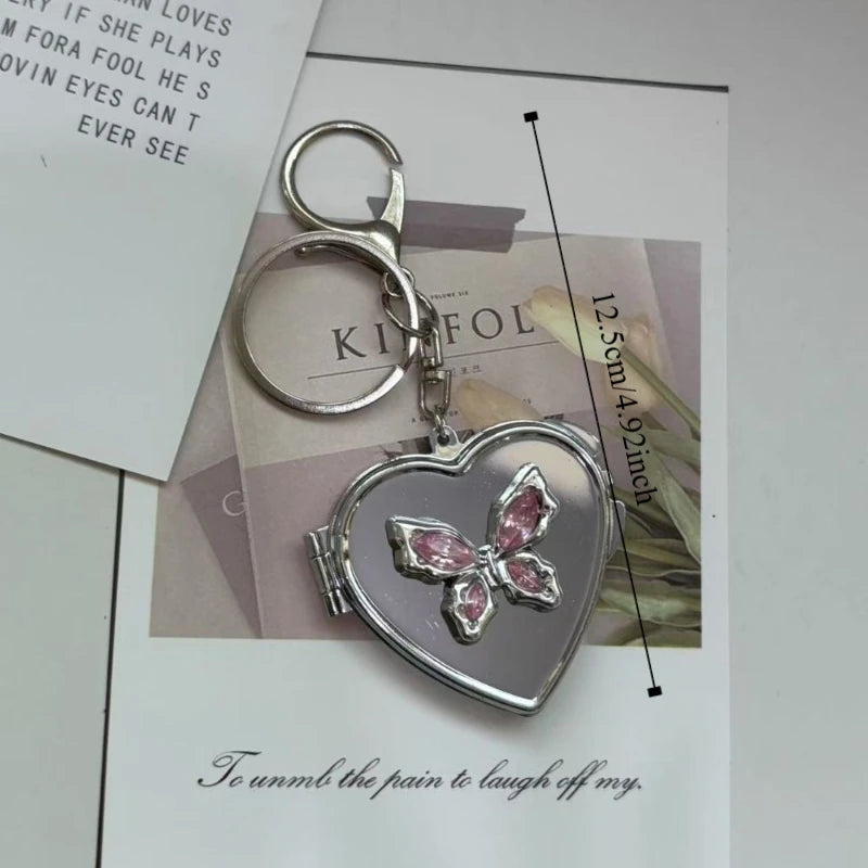 Y2K Bow Heart Mirror Keychain – Double Sided Compact Pendant Mirror Keychain PLUSH