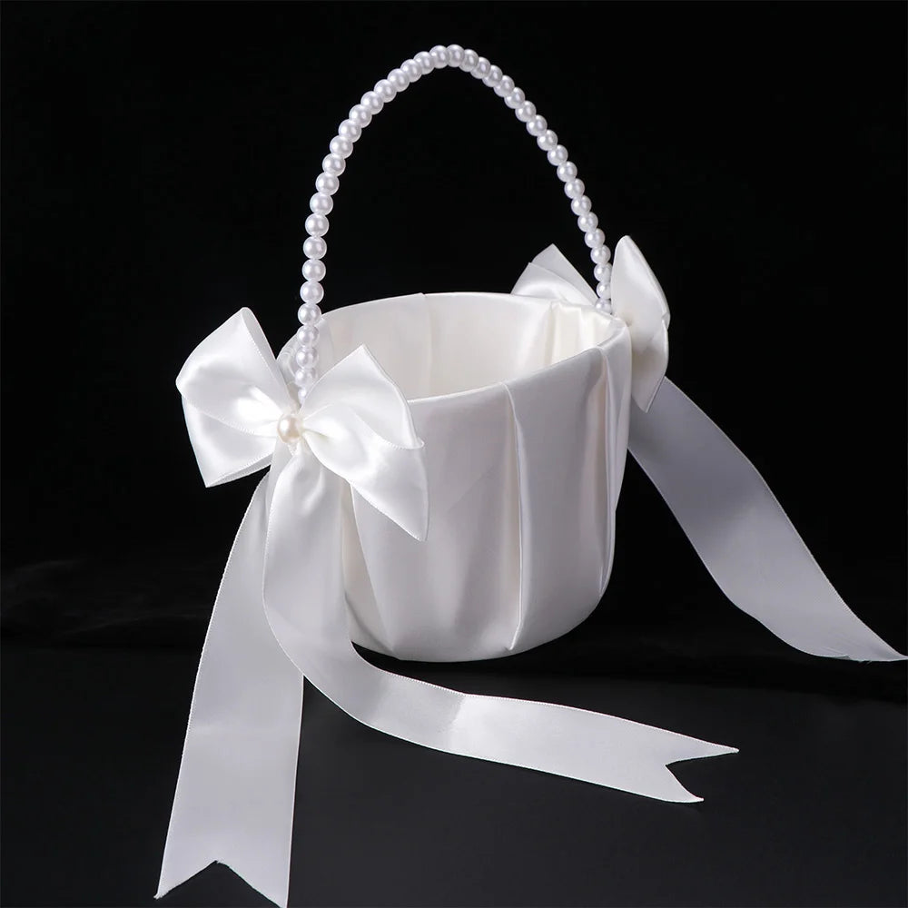 Satin Flower Girl Basket – Bowknot Pearl Handle Wedding Wedding Flower Basket PLUSH