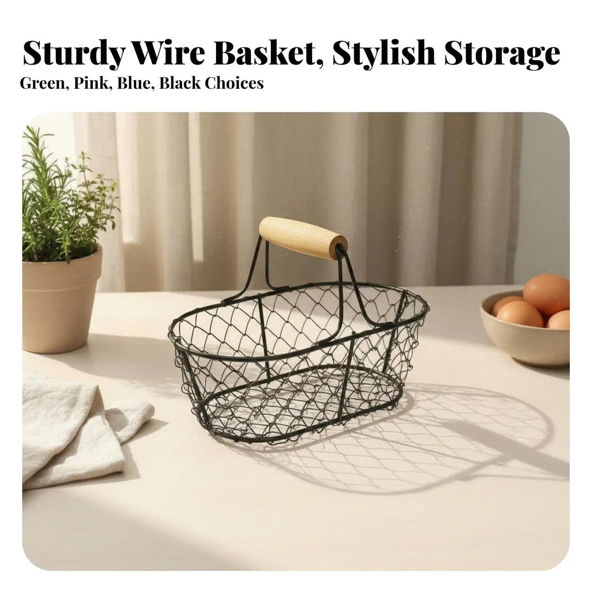 Farmhouse Easter Egg Basket – Metal Wire & Wooden Handle Wire Storage Basket PLUSH