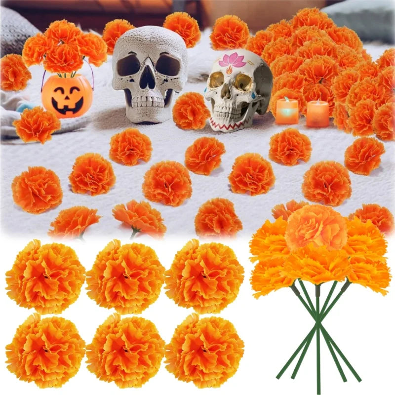 Artificial Marigold Flower Heads Bulk – Orange Silk Garland Artificial Flower Decor PLUSH