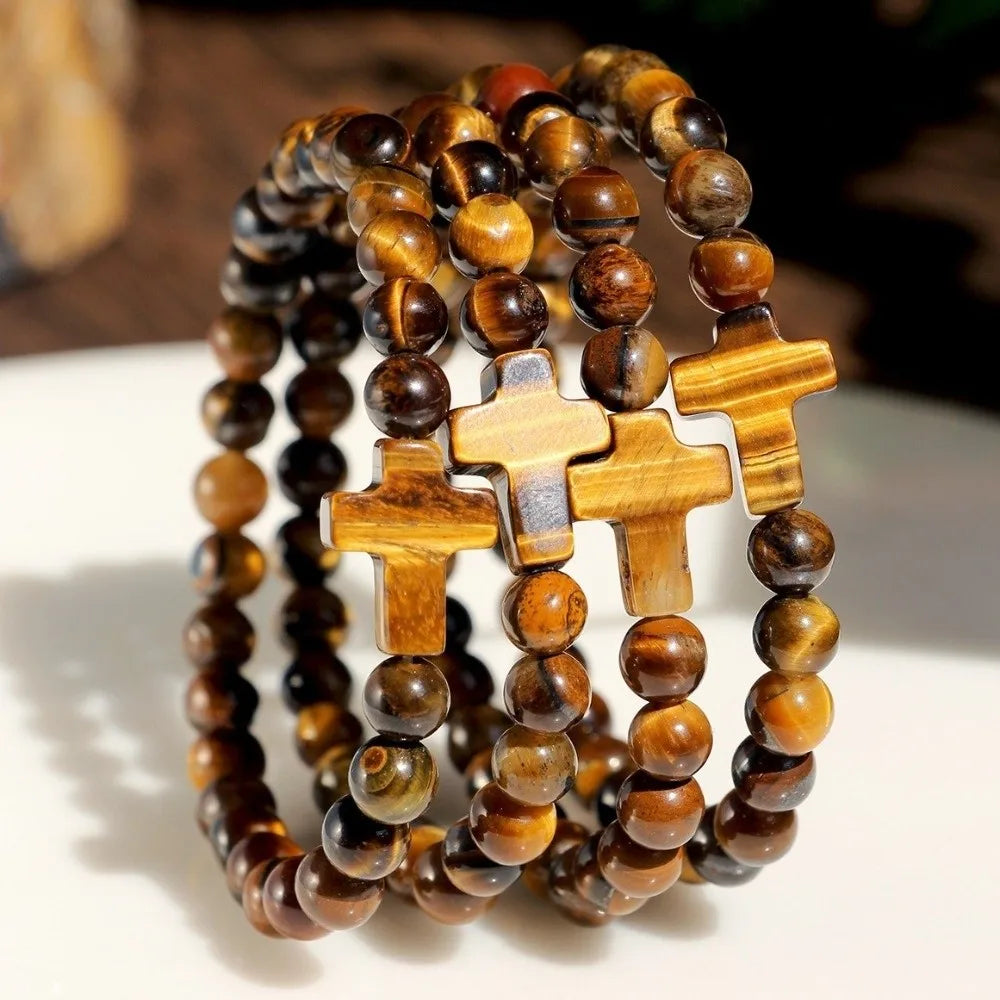 Vintage Tiger's Eye Cross Bracelet – Unisex Spiritual Jewelry Beaded Charm Bracelet PLUSH
