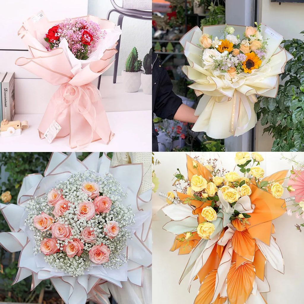 20 Sheets Flower Wrapping Paper Golden Border – Waterproof Bouquet Flower Wrapping Paper PLUSH