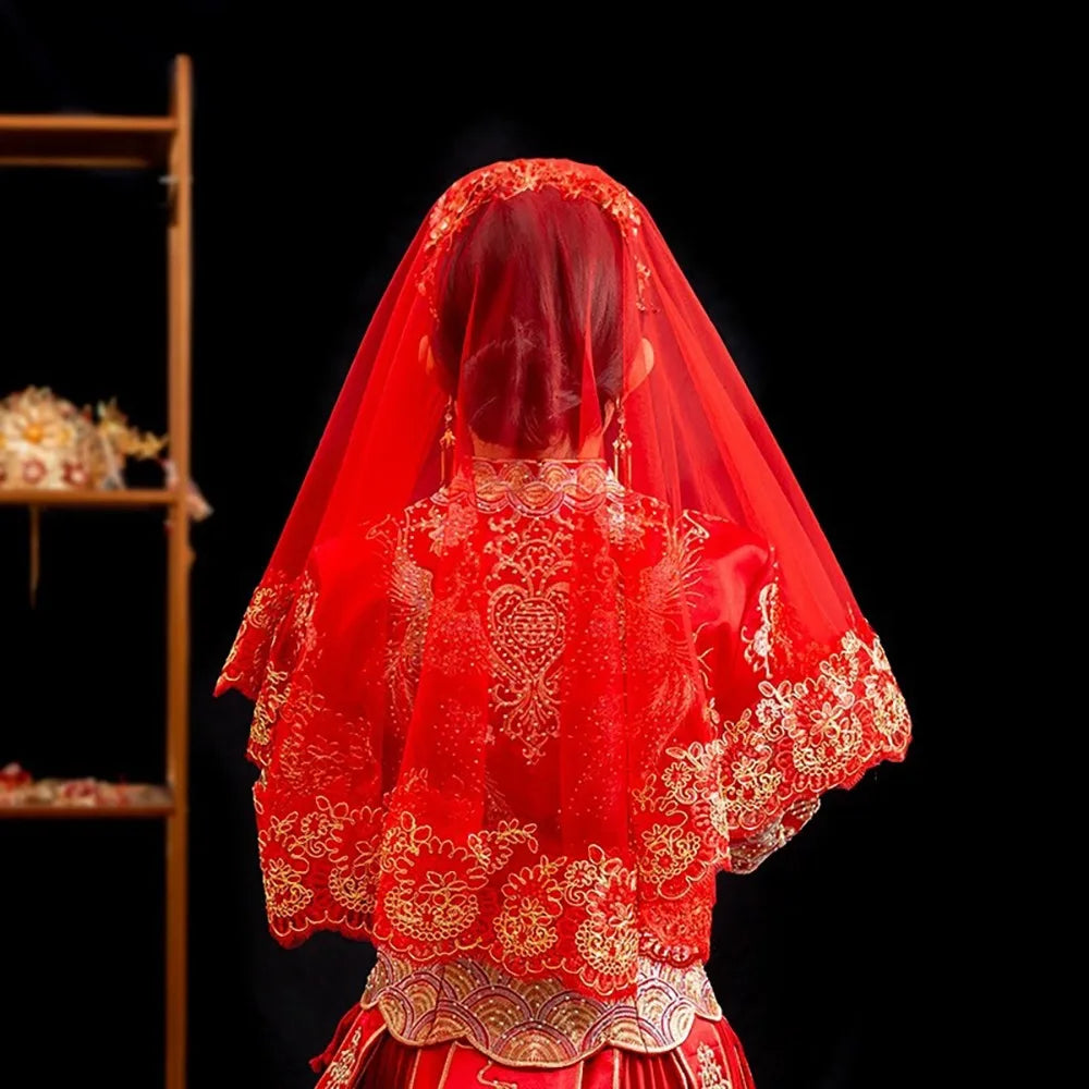 Red Gold Embroidery Bridal Veil – Lace Chinese Wedding Head Cover Bridal Veil PLUSH Style D