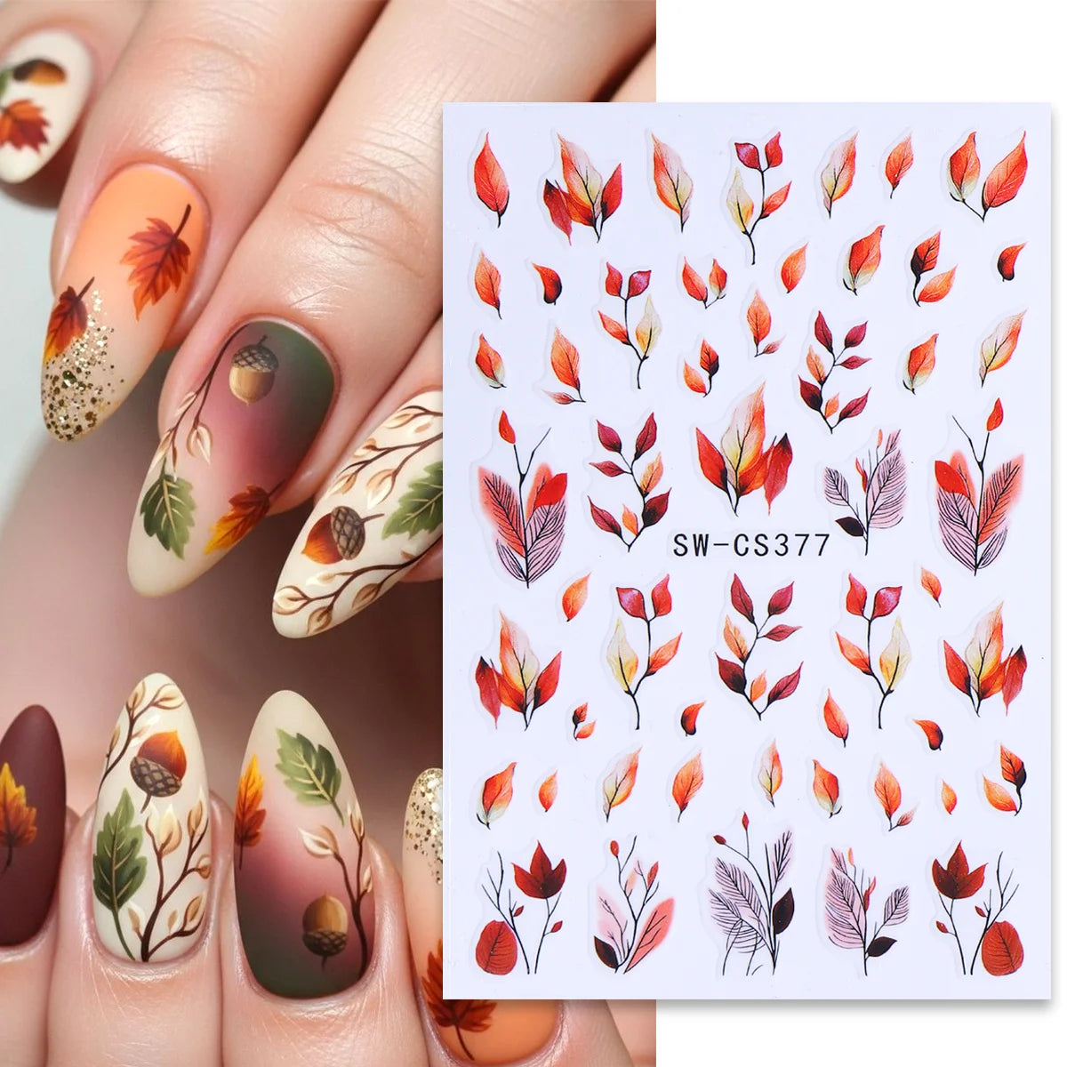 3D Autumn Leaf Nail Decals – 2 Sheets Watercolor Foliage Art Nail Art Decals PLUSH