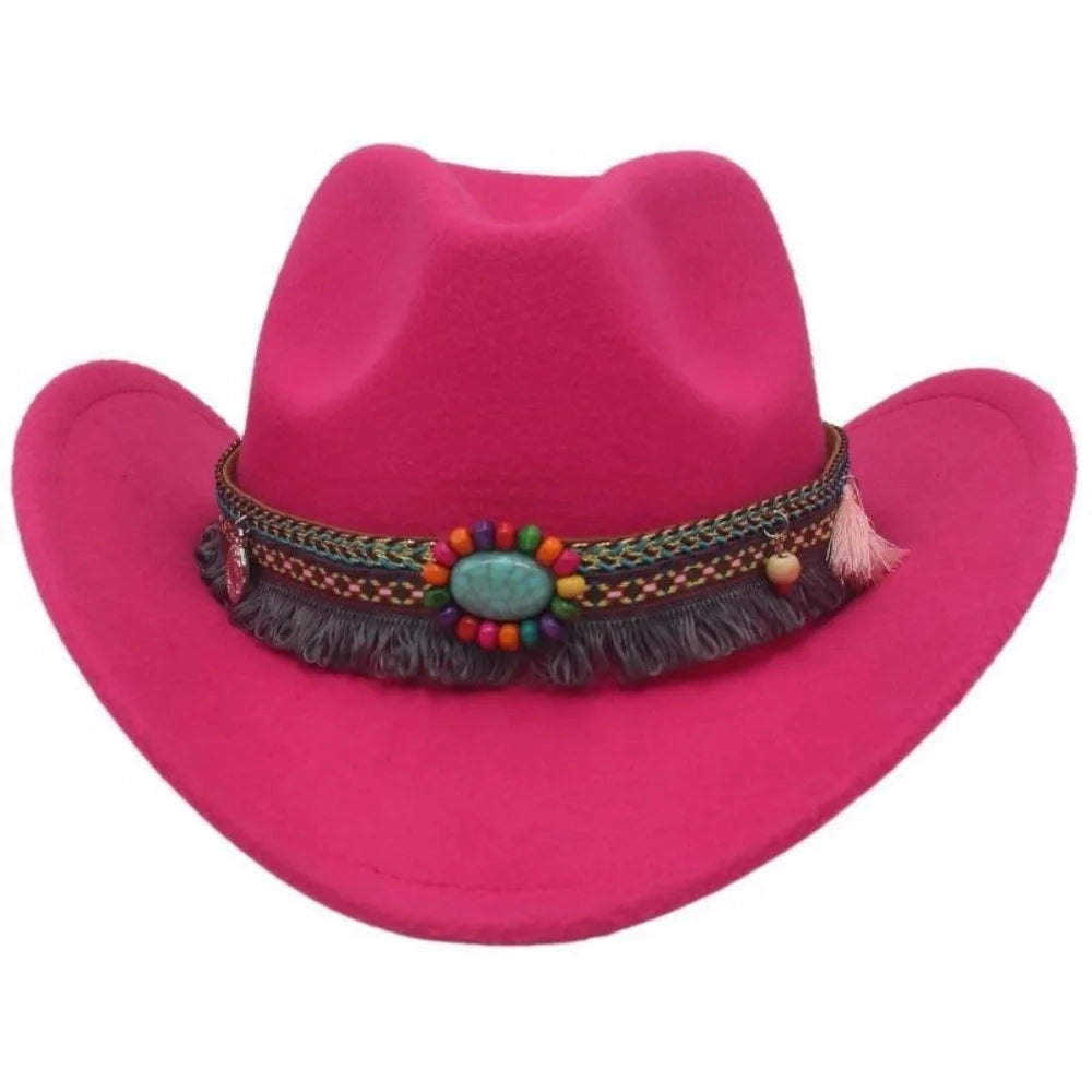 Wide Brim Western Cowboy Hat with Tassels – Unisex Cosplay Western Cowboy Hat PLUSH Rose Red