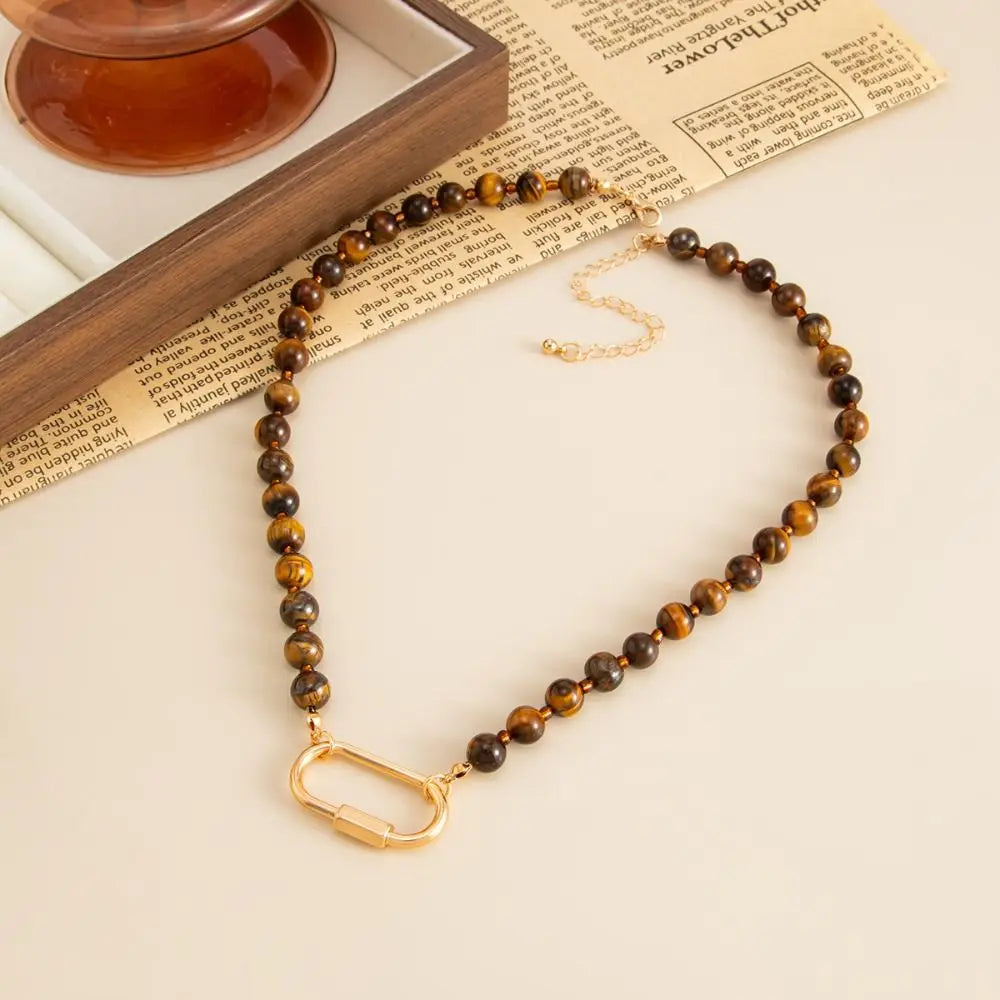 Vintage Tiger Eye Oval Pendant Choker Necklace – Minimalist Pendant Choker Necklace PLUSH