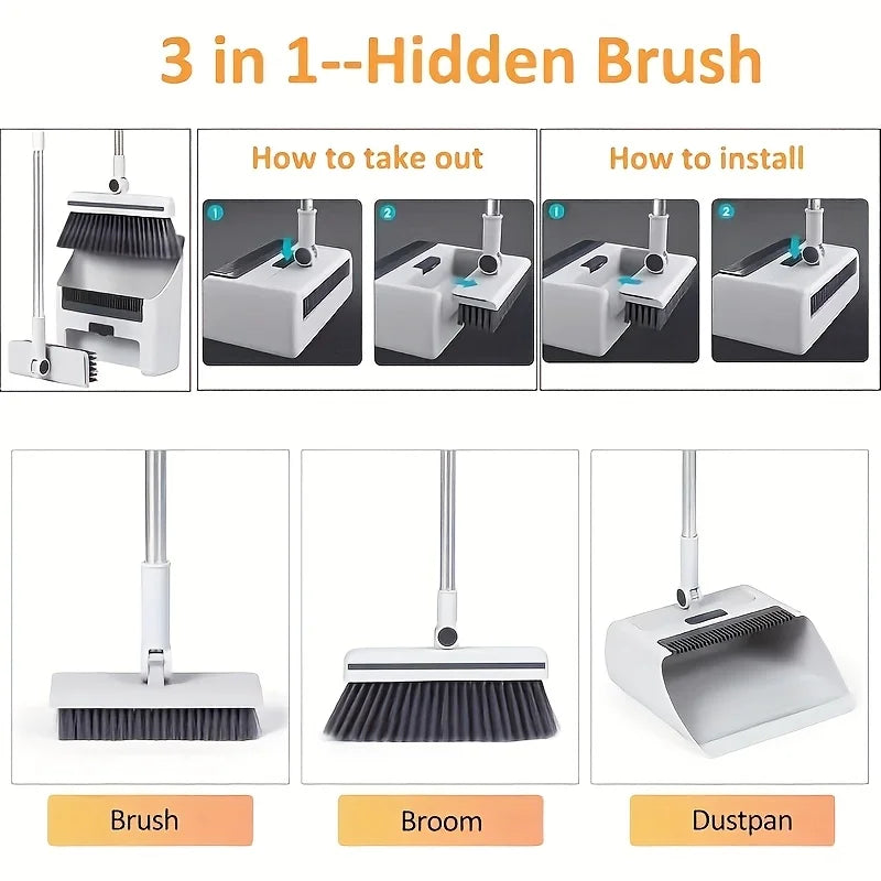 3-in-1 Upright Broom & Dustpan Set with Garbage Bag Holder Broom & Dustpan Set PLUSH