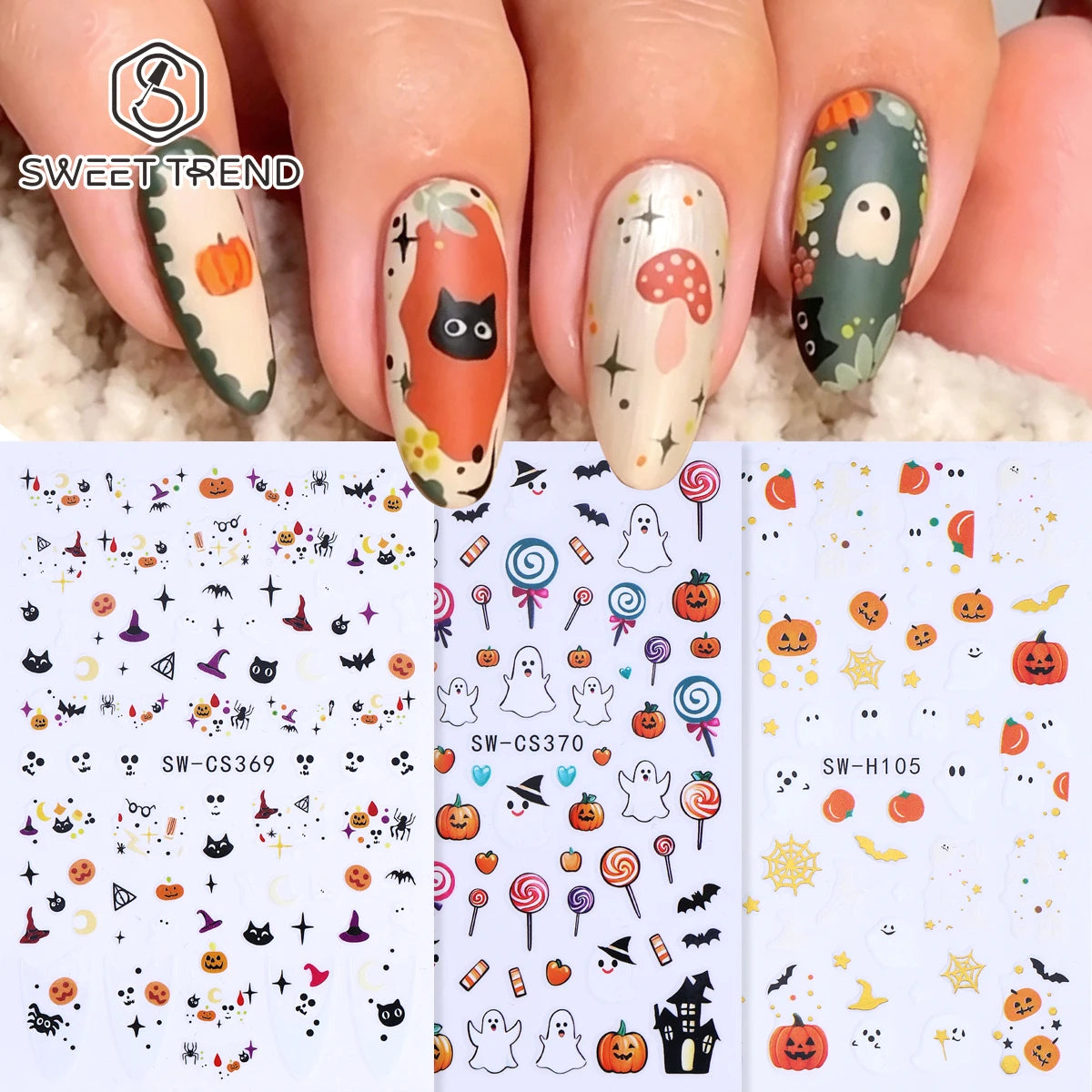 3pcs Halloween Nail Stickers – Pumpkin, Bat & Spider Web Decals Nail Art Stickers PLUSH