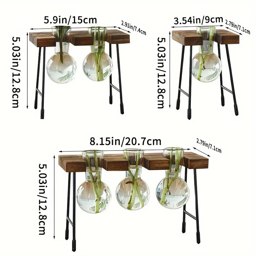 Wooden Frame Hydroponic Glass Bulb Vase – Modern Indoor Decor Hydroponic Glass Planter PLUSH