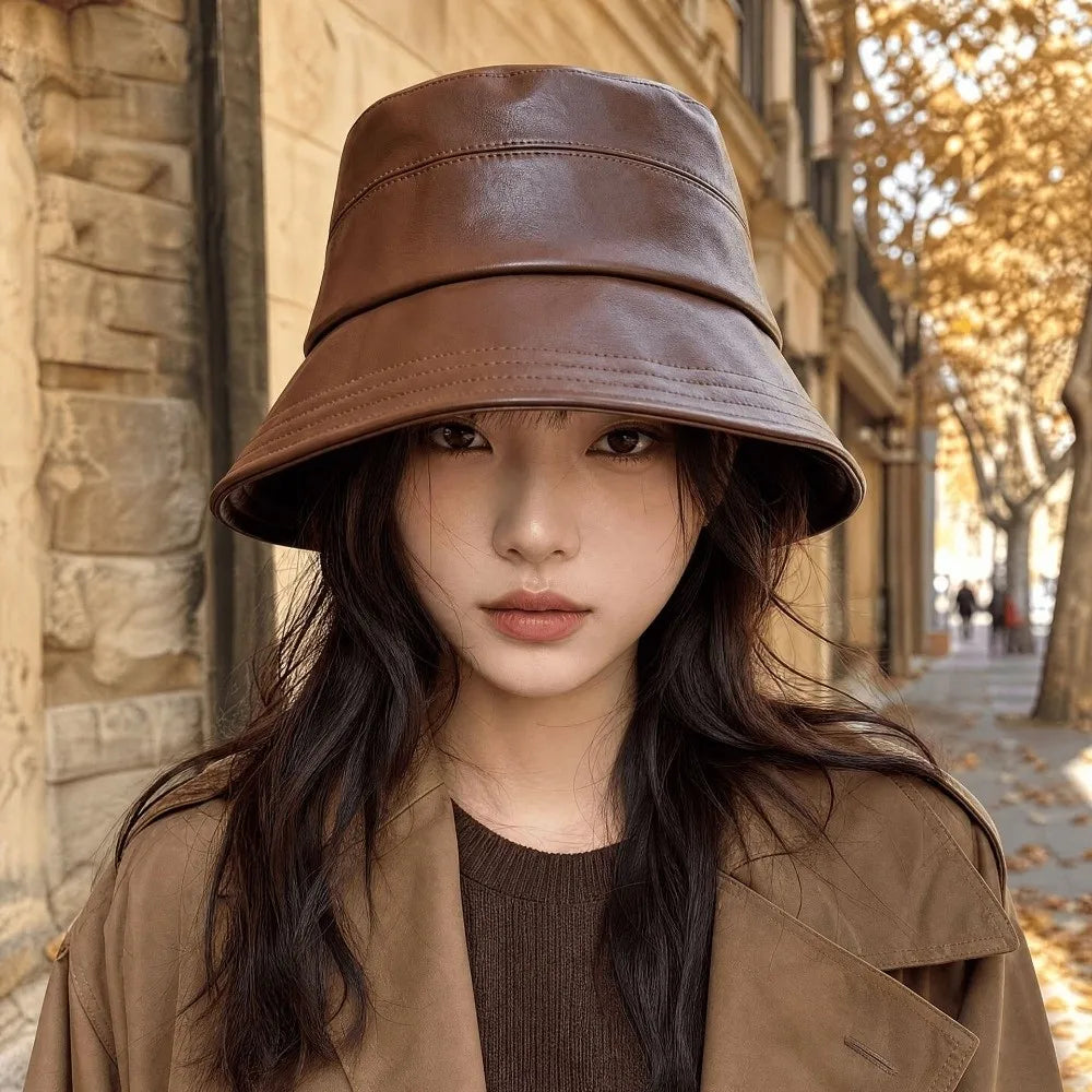 Women's PU Leather Wide Brim Bucket Hat – Packable Sun Hat Bucket Hat PLUSH