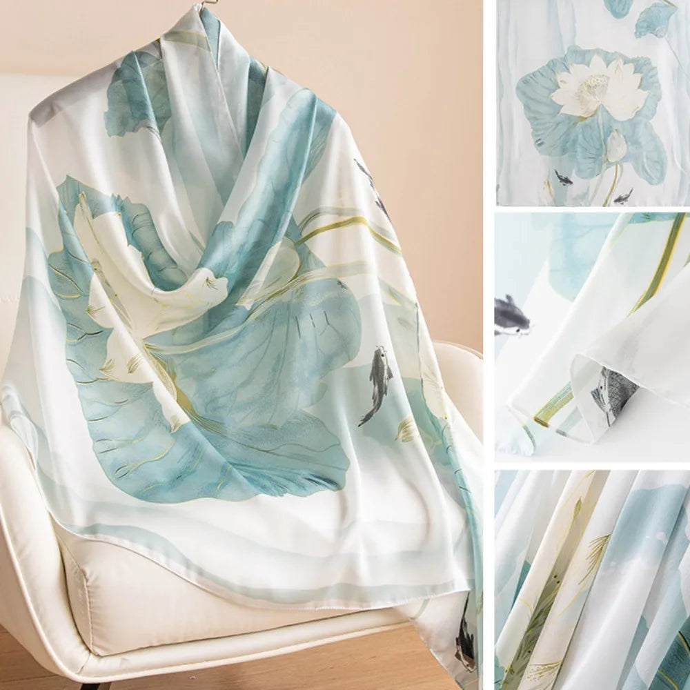 Women's Silk Chiffon Scarf – Lotus Print Shawl Wrap | 180cm Silk Chiffon Scarf PLUSH Style16
