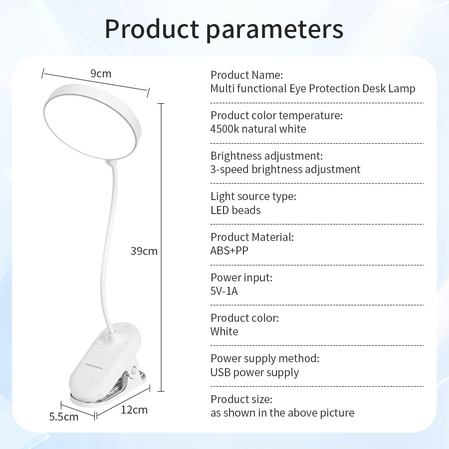 39cm USB Rechargeable LED Desk Lamp with Folding Clamp LED Desk Lamp PLUSH