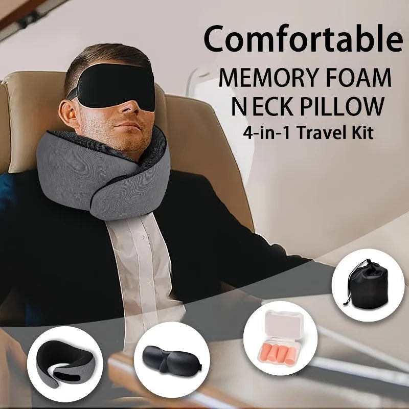 Memory Foam Travel Neck Pillow Set with Eye Mask & Earplugs Travel Neck Pillow PLUSH