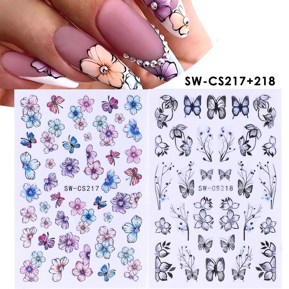 Blooming Flower Nail Art Stickers Peony Rose Floral Decals 2pc Nail Art Stickers PLUSH SW-CS217 SW-CS218