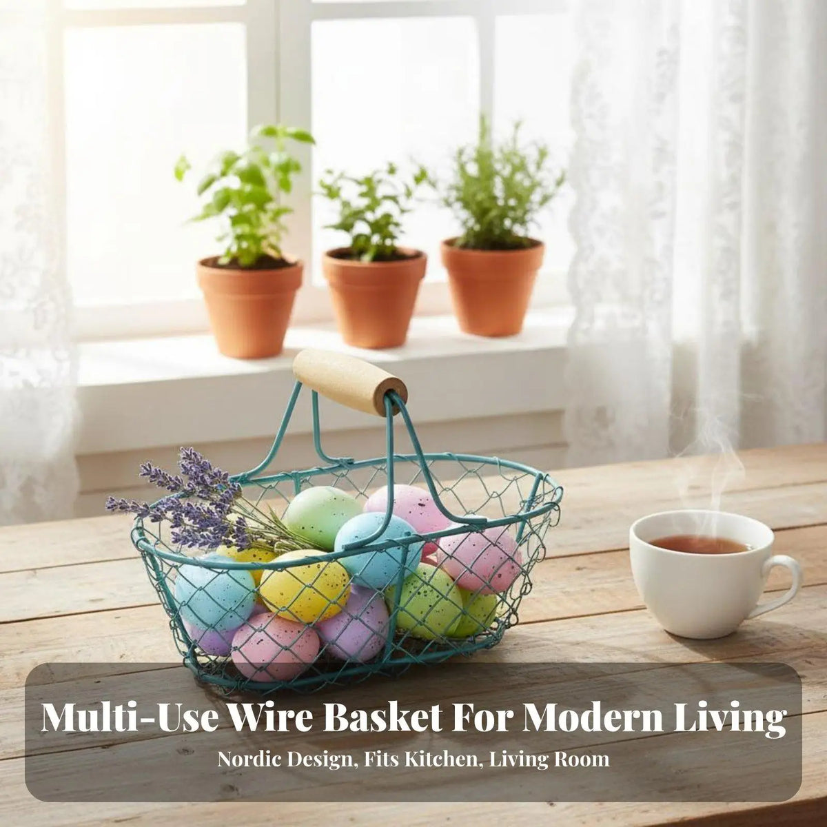 Farmhouse Easter Egg Basket – Metal Wire & Wooden Handle Wire Storage Basket PLUSH