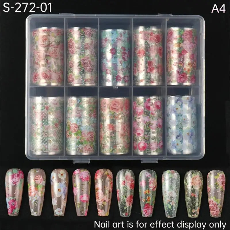 Floral Nail Art Transfer Foils Set – 10 Rolls Rose & Leaf Nail Art Foils PLUSH style 6