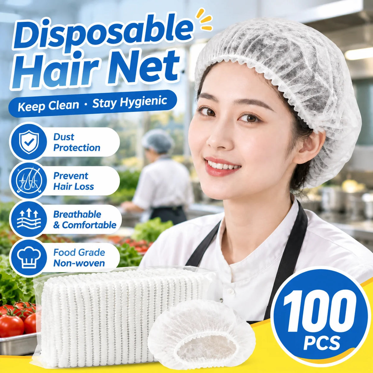 Disposable Non-Woven Hairnet Caps – Elastic Breathable Sanitary Disposable Hairnet Cap PLUSH White 1Bag
