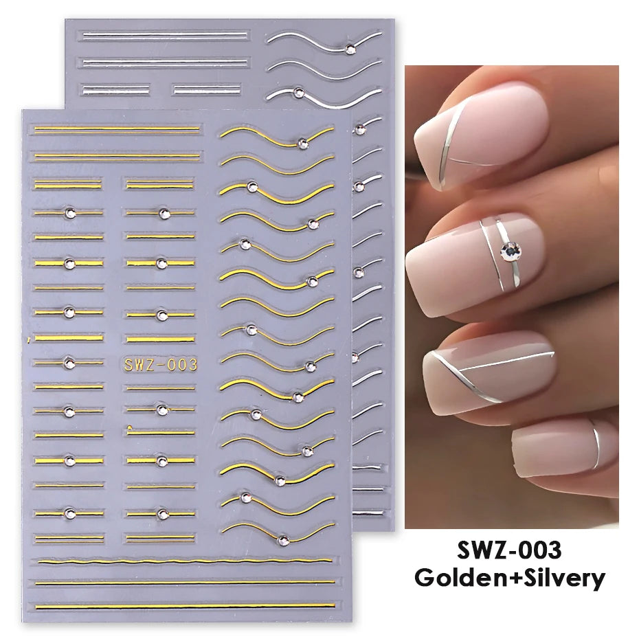 French Line Nail Stickers with Rhinestones Gold Silver 2/3pcs Nail Art Stickers PLUSH SWZ-003 Gold Silver