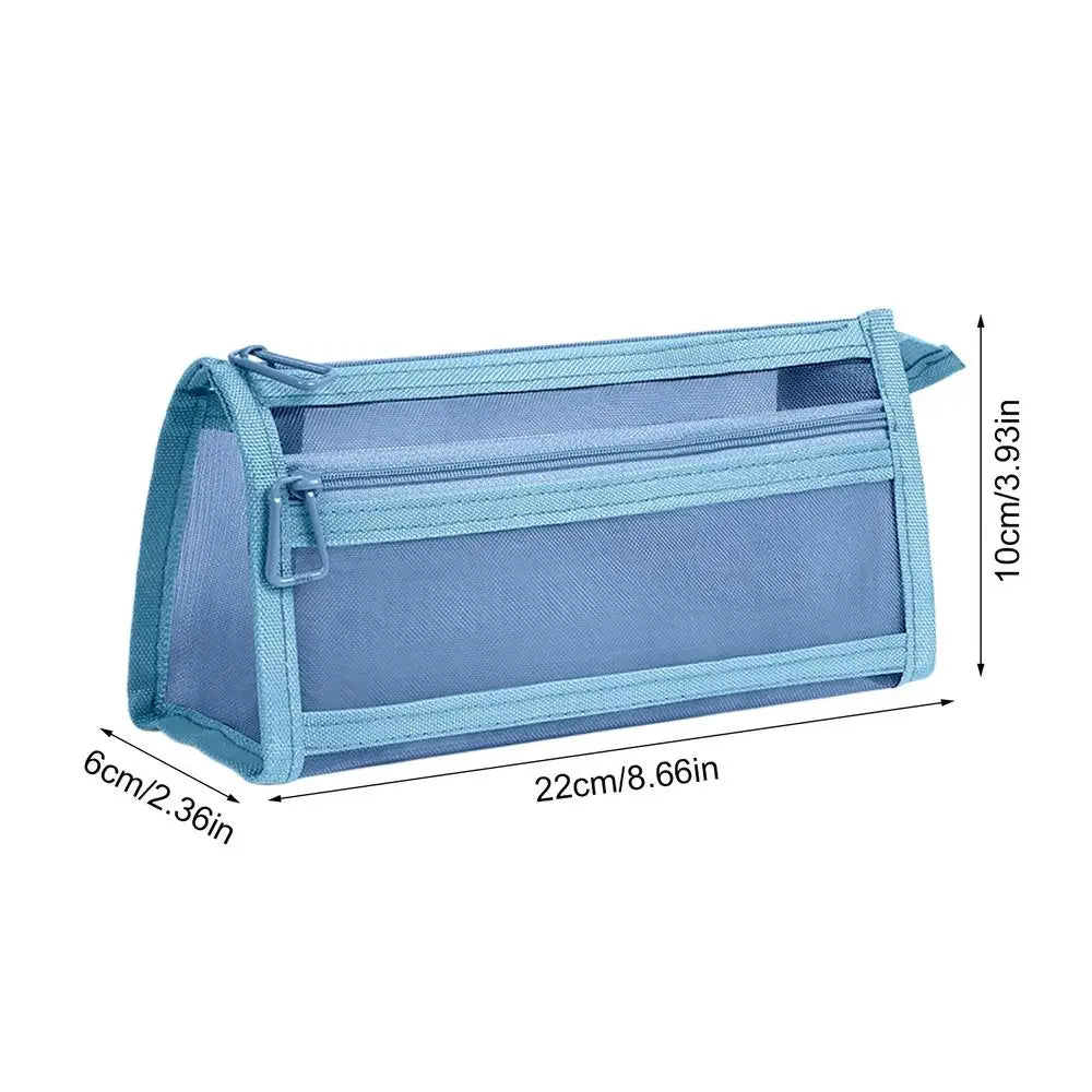 Clear Double-Layer Mesh Pencil Pouch with Zipper & Handle Mesh Pencil Pouch PLUSH Blue