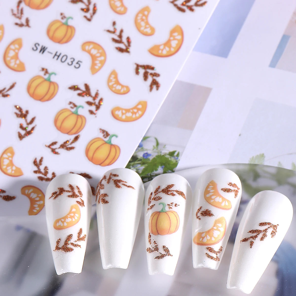 Glitter Autumn Nail Stickers – Pumpkin & Maple Leaves 2 Sheets Nail Art Stickers PLUSH