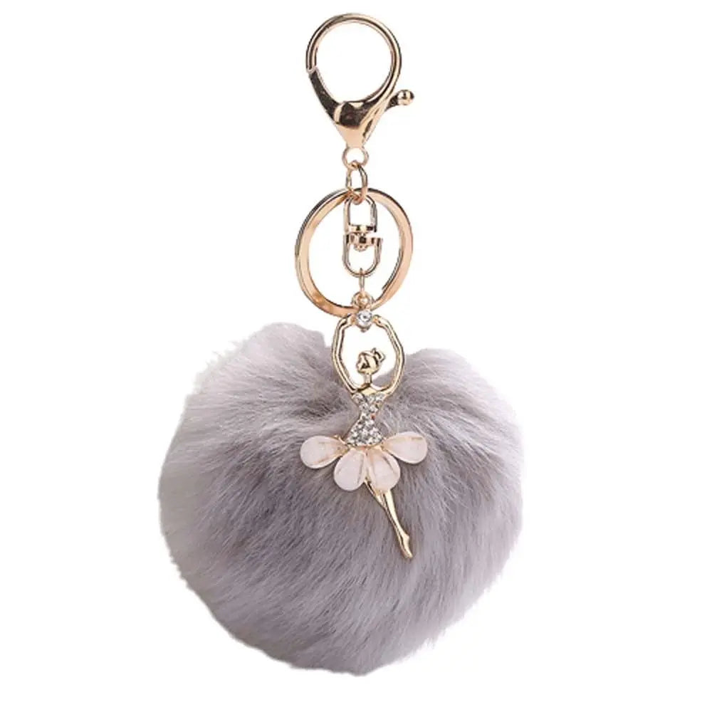 Ballet Angel Girl Fur Ball Keychain – Trendy Pom-Pom Keyring Fashion Keychain PLUSH Light grey