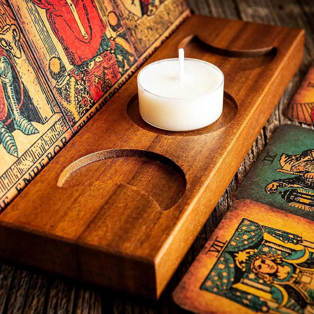 Wooden Tarot Card Holder Moon Phase Display Stand & Candle Tray Card Display Stand PLUSH