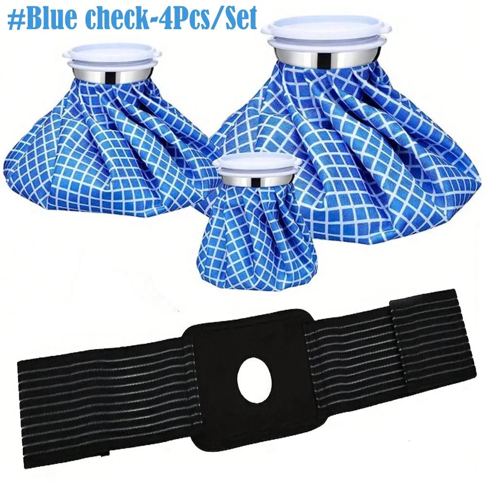 Hot & Cold Reusable Ice Pack Set – 3 Bags + Elastic Wrap Hot Cold Ice Pack PLUSH 4PCS Blue Grid