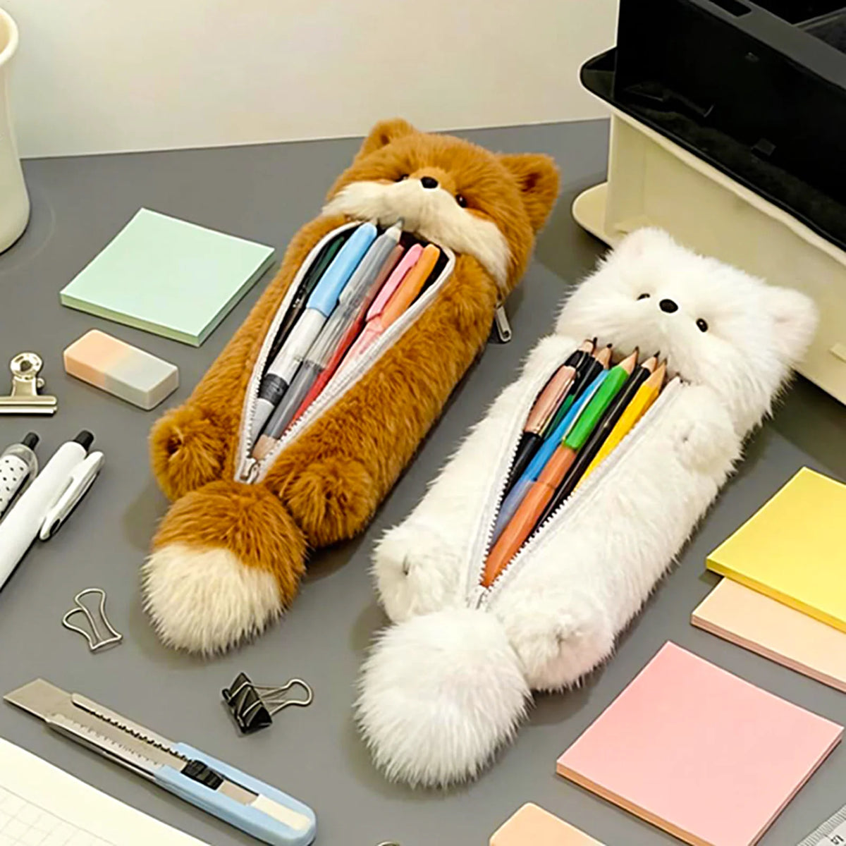 2-Pack Animal Plush Pencil Case Large Capacity Zipper Pouch Plush Pencil Case PLUSH