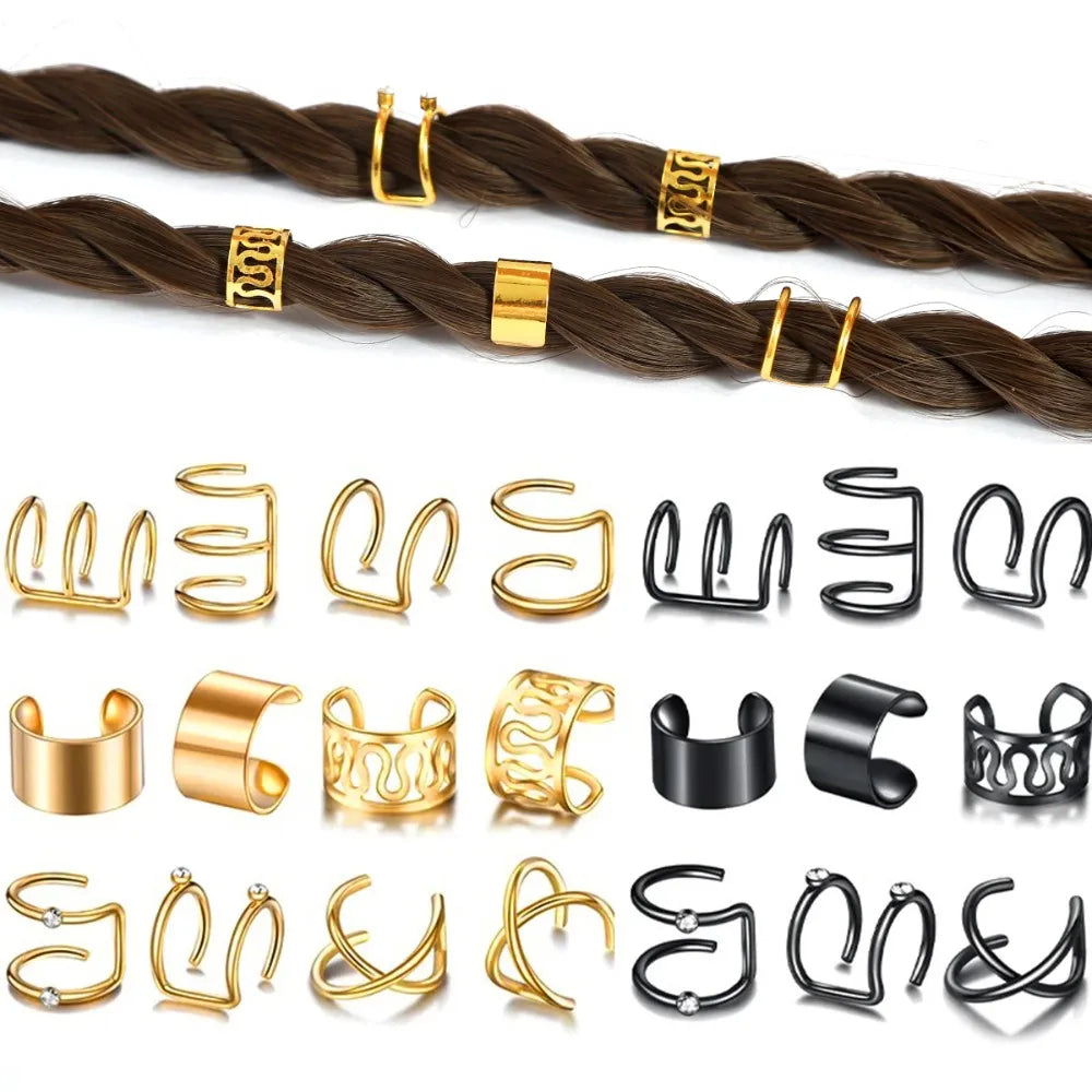 Gold Dreadlock Hair Rings, Beads & Ear Clips – 1-12pcs Hair Jewelry Cuffs PLUSH