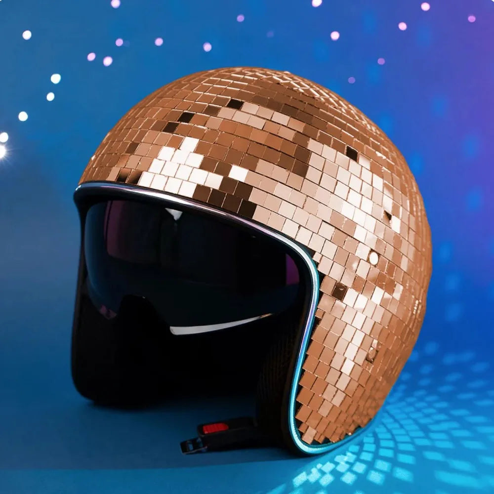 Disco Mirror Helmet – Reflective Glitter with Flip Visor Disco Party Helmet PLUSH Rose gold