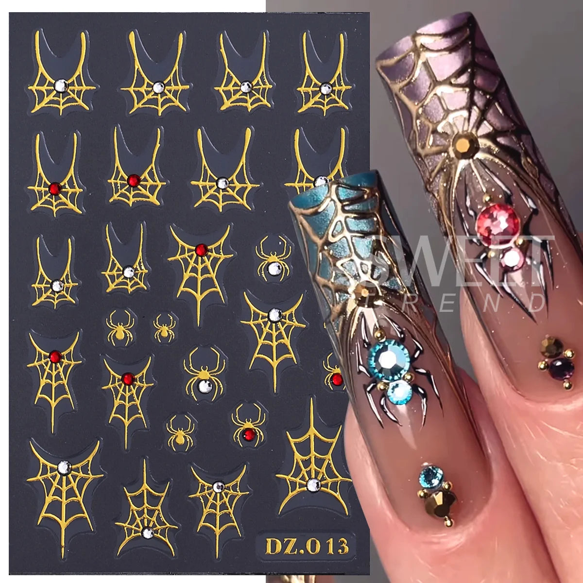 Halloween Spider Web Nail Decals – 5pcs Rhinestone Stickers Nail Art Stickers PLUSH