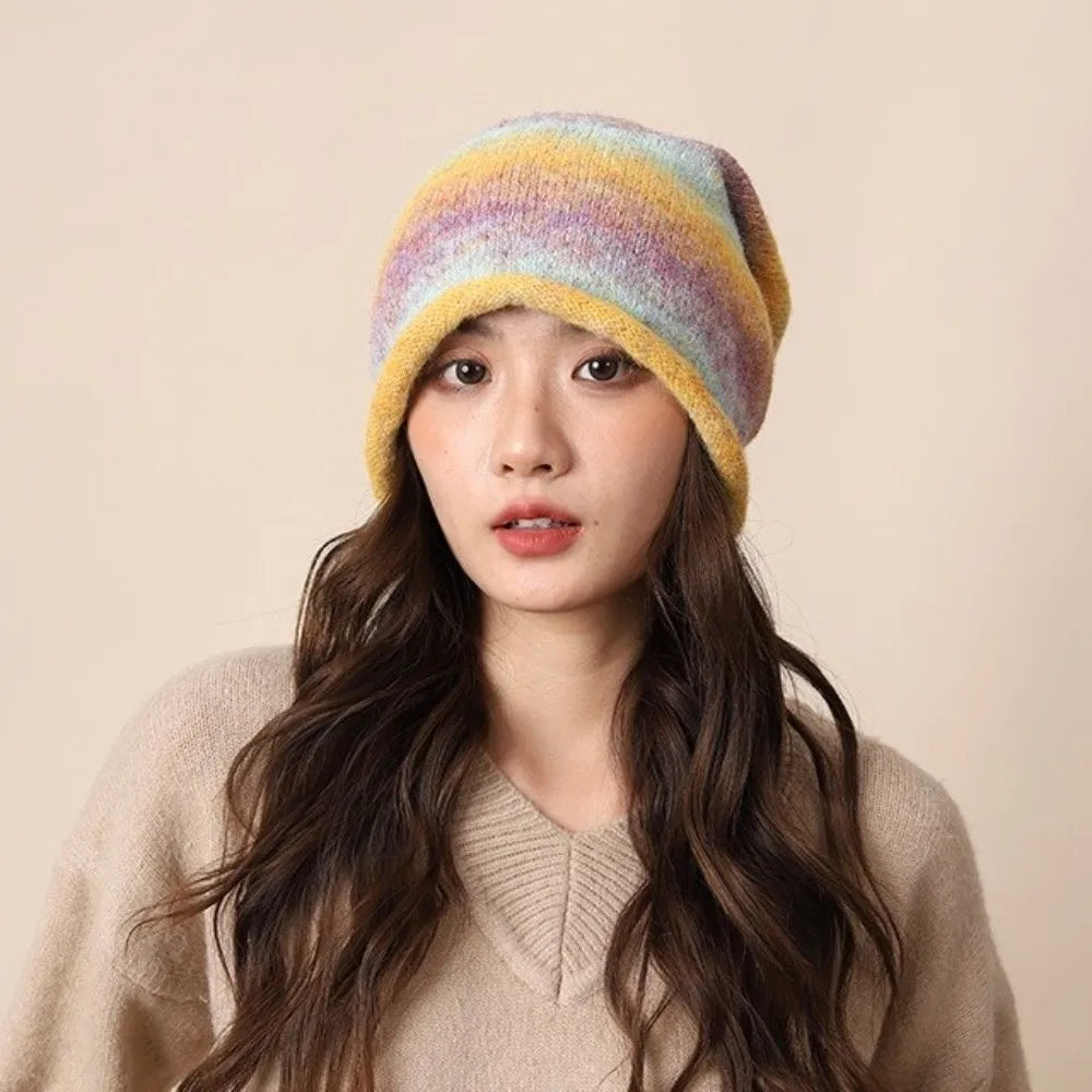 Gradient Knit Beanie Hat – Rolled Brim Drawstring Streetwear Cap Knit Beanie Hat PLUSH