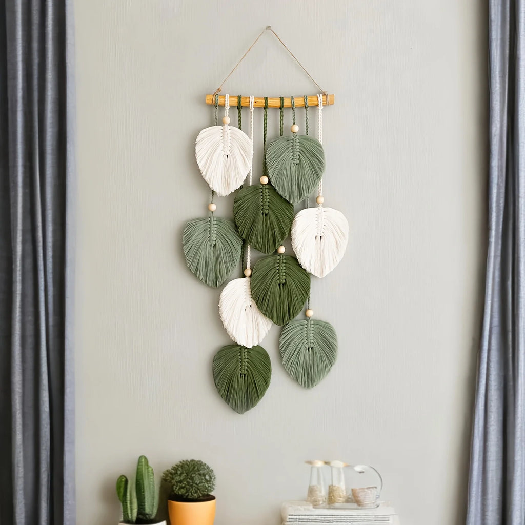 Bohemian Handwoven Wall Tapestry – Green Leaf Design Wall Hanging Tapestry PLUSH