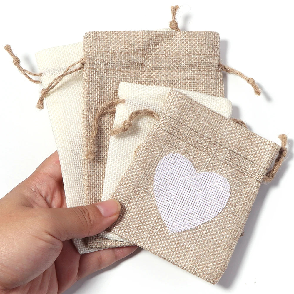5pcs Heart Burlap Drawstring Gift Bags – Jute Wedding Pouches Burlap Gift Bags PLUSH